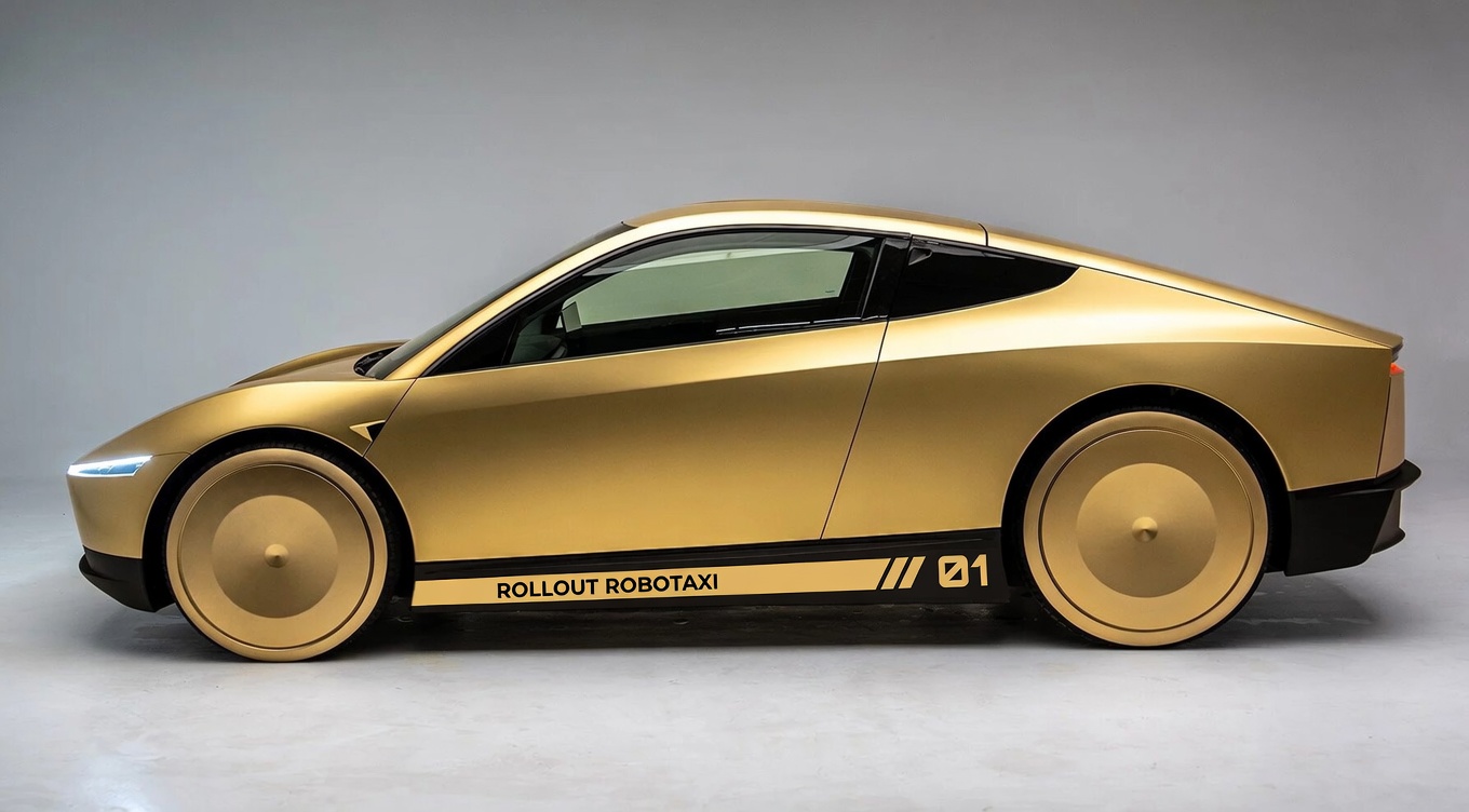 Rollout Cybercab side profile in gold wrap with Rollout running-board branding, showing example QR placement zones